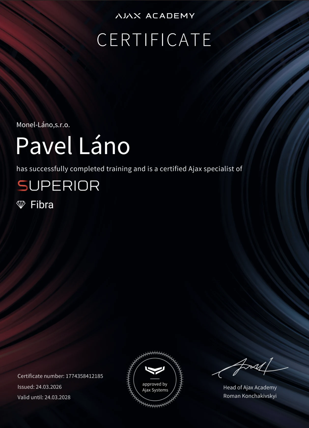 Certifikát AJAX Systems – Pavel Láno, MONEL-LÁNO s.r.o.